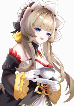 1girl absurdres blue_eyes breasts brown_hair cleavage cup detached_collar detached_sleeves gem genshin_impact gloves highres holding holding_cup holding_plate long_hair long_sleeves looking_at_viewer mako_(cvyt5325) medium_breasts open_mouth plate red_gemstone sandrone_(genshin_impact) smile solo white_gloves