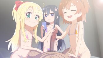 1boy 3girls :d age_difference aqua_eyes bikini black_hair blonde_hair blue_eyes bow brown_hair cellphone censored closed_eyes clothed_female_nude_male commentary_request cooperative_handjob erection fang flat_chest flower glansjob hair_bow hair_flower hair_ornament hairy handjob hetero highres himesaka_noa holding holding_phone hoshino_hinata huge_penis joutarou_(punianikobo) large_penis leg_hair lens_flare loli long_hair looking_at_viewer male_pubic_hair micro_bikini mosaic_censoring multiple_girls navel nude open_mouth penis phone ponytail pov pov_crotch pubic_hair ribs scowl shirosaki_hana short_hair side_ponytail sidelocks size_difference smartphone smile stomach swimsuit tareme teamwork_(sexual) tsurime v-shaped_eyebrows watashi_ni_tenshi_ga_maiorita!