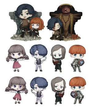 3boys 3girls absurdres armor artist_name black_eyes black_hair black_ribbon black_robe black_shoes black_vest blood blood_on_face blue_eyes blue_hair book brown_hair brown_shoes cahara_(fear_&amp;_hunger) chibi chibi_only cigarette closed_mouth collared_shirt commentary d'arce_(fear_&amp;_hunger) daan_(fear_&amp;_hunger) english_commentary enki_(fear_&amp;_hunger) eyepatch fear_&amp;_hunger_(series) fear_&amp;_hunger_1 fear_&amp;_hunger_2:_termina frilled_shirt_collar frills gloves green_gloves green_shoes grey_eyes grey_pants grin hand_in_pocket highres holding holding_book holding_cigarette holding_shield holding_sword holding_weapon kingjoshua knight leather_armor long_hair long_sleeves looking_at_viewer marina_(fear_&amp;_hunger) medical_eyepatch medium_hair merchandise_available multiple_boys multiple_girls neck_ribbon open_book open_mouth orange_hair outstretched_arms pants pink_skirt purple_eyes reading ribbon robe shield shirt shirt_tucked_in shoes short_hair simple_background sitting skirt smile smoking spoilers spread_arms standing sword teeth the_girl_(fear_&amp;_hunger) the_god_of_fear_and_hunger twitter_username upper_teeth_only vest weapon white_background white_ribbon white_shirt