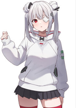 commentary_request double_bun eyepatch grey_hair hair_bun heaven_burns_red highres kneehighs looking_at_viewer niwanwagon red_eyes simple_background skirt socks sweater thighhighs yamawaki_bon_ivar zettai_ryouiki