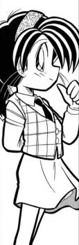 Rule 34 | arm behind back, black hair, collared shirt, cowboy shot, from side, hairband, himitsu keisatsu holmes, kitahara mako, long sleeves, miniskirt, necktie, non-web source, plaid clothes, plaid vest, ponytail, profile, shirt, skirt, standing, thumbs up, vest