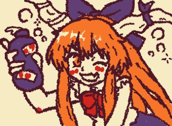 1girl animated animated_gif beachepisode blush bow bowtie brown_background drunk fang hair_bow ibuki_suika long_hair looking_at_viewer one_eye_closed open_mouth orange_eyes orange_hair purple_bow red_bow red_bowtie simple_background skin_fang smile solo touhou wigglypaint_(medium)