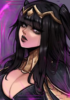 1girl black_eyes black_hair black_lips blunt_bangs bodystocking breasts cape cleavage closed_mouth fire_emblem fire_emblem_awakening highres large_breasts long_hair looking_at_viewer nintendo purple_eyes solo tharja_(fire_emblem) tiara two_side_up upper_body zantetsukennn