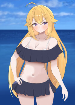 1girl annoyed antenna_hair arm_at_side artist_name averting_eyes bikini blonde_hair blue_bikini blue_sky breasts cleavage closed_mouth collarbone cowboy_shot dated day dot_nose embarrassed female_focus frilled_bikini frills hand_on_own_hip koshi_torako large_breasts long_hair looking_to_the_side multicolored_bikini navel outdoors purple_eyes shikanoko_nokonoko_koshitantan sideways_glance sky solo standing swimsuit tsundere two-tone_bikini white_bikini yujuki