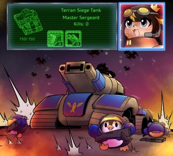 1girl 3others bird black_hair blonde_hair blue_eyes dot_nose english_text eyelashes fire freckles goggles goggles_on_head indie_virtual_youtuber konan_exe long_hair looking_afar low_twintails military_vehicle motor_vehicle multicolored_hair multiple_others multiple_views open_mouth penguin penguin_girl starcraft tan tank toko_(vtuber) twintails two-tone_hair virtual_youtuber