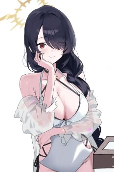 1girl black_hair blue_archive blush breasts casual_one-piece_swimsuit cleavage clothing_cutout collarbone commentary_request hair_over_one_eye hair_over_shoulder halo hand_on_own_cheek hand_on_own_face highres hinata_(blue_archive) hinata_(swimsuit)_(blue_archive) jacket jacket_partially_removed korean_commentary large_breasts long_hair looking_at_viewer official_alternate_costume one-piece_swimsuit one_eye_covered potgit red_eyes see-through_clothes see-through_jacket side_cutout simple_background smile solo swimsuit very_long_hair white_background white_one-piece_swimsuit