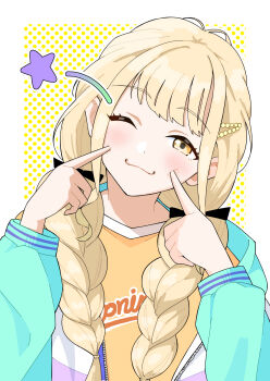 1girl ;) a4_(ykxs5773) blonde_hair blush braid commentary_request fingers_to_cheeks fujita_kotone gakuen_idolmaster head_tilt highres idolmaster jacket long_hair looking_at_viewer multicolored_jacket one_eye_closed open_clothes open_jacket shirt smile solo star_(symbol) twin_braids upper_body yellow_eyes yellow_shirt