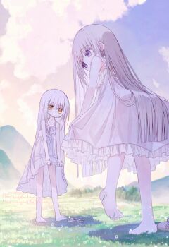Rule 34 | 2girls, bare arms, bare shoulders, barefoot, bunny girl (yuuhagi (amaretto-no-natsu)), closed mouth, cloud, commentary request, dress, frilled dress, frills, healer girl (yuuhagi (amaretto-no-natsu)), leaning forward, long hair, multiple girls, original, outdoors, purple eyes, sleeveless, sleeveless dress, standing, toes, very long hair, white dress, white hair, yellow eyes, yuuhagi (amaretto-no-natsu)