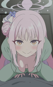 1girl absurdres aqua_halo bedroom blue_archive blush breasts breasts_apart closed_mouth collarbone downblouse flower girl_on_top good_morning_my_brother_(meme) gradient_halo green_pajamas green_pants green_shirt hair_bun hair_flower hair_ornament hair_ribbon halo hanging_breasts highres indoors leaning_forward long_hair looking_at_viewer medium_breasts mika_(blue_archive) multicolored_halo no_bra noaru pajamas pants pink_hair pink_halo purple_flower ribbon scene_reference shirt single_side_bun solo_focus straddling tokidoki_bosotto_roshia-go_de_dereru_tonari_no_alya-san white_ribbon yellow_eyes