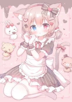 >_< 1girl :o animal_ear_fluff animal_ears apron black_bow black_dress blue_eyes blush bow bowtie cat cat_ears cat_girl cat_tail commentary_request dress frilled_apron frilled_dress frilled_sleeves frills full_body hair_between_eyes hair_ornament hairband hanasakichu heart heart_hair_ornament heart_hands heterochromia highres looking_at_viewer open_mouth original pink_background rabbit red_bow red_bowtie red_eyes red_hairband seiza short_sleeves sitting solo striped_bow striped_bowtie striped_clothes striped_dress tail thighhighs vertical-striped_clothes vertical-striped_dress white_apron white_thighhighs wrist_cuffs zettai_ryouiki