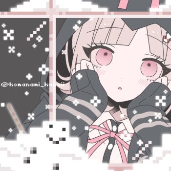 1girl :o black_jacket blush brown_hair danganronpa_(series) danganronpa_2:_goodbye_despair flipped_hair hair_ornament hands_up hood hooded_jacket jacket komanami_kawaii long_sleeves medium_hair nanami_chiaki neck_ribbon open_clothes open_jacket pink_eyes pink_ribbon ribbon shirt white_shirt