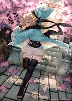 Rule 34 | 1girl, absurdres, ahoge, artist name, black bow, black thighhighs, blonde hair, boots, bow, charging forward, cherry blossoms, commentary request, copyright name, dutch angle, fate/grand order, fate (series), female focus, fox statue, full body, hair bow, hair over one eye, highres, holding, holding sword, holding weapon, huge filesize, inari, incoming attack, japanese clothes, kimono, looking at viewer, mocca chi, okita souji (fate), okita souji (koha-ace), outdoors, scarf, short hair, short kimono, solo, stairs, statue, stone floor, sword, thigh boots, thigh gap, thighhighs, toeless legwear, toes, torii, tree, watermark, weapon, wide sleeves, yellow eyes