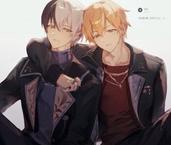 aoyagi_touya arm_on_another's_shoulder black_jacket commentary_request highres hxlzkd jacket jewelry korean_commentary long_sleeves looking_at_viewer mole mole_under_eye multicolored_hair multiple_rings necklace orange_hair project_sekai red_shirt ring shinonome_akito shirt sitting turtleneck white_background