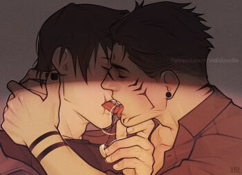 Rule 34 | 2boys, arm tattoo, black hair, black nails, closed eyes, closed mouth, commentary, earrings, enaidpi, english commentary, facial tattoo, french kiss, from side, fushiguro touji, jewelry, jujutsu kaisen, kiss, male focus, multiple boys, necklace, necklace in mouth, patreon username, ryoumen sukuna (jujutsu kaisen), short hair, simple background, tattoo, tongue, tongue out, unworn ring, upper body, yaoi