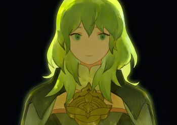 1girl alternate_hair_color armor black_armor black_background breasts cape closed_mouth female_byleth_(awakened)_(fire_emblem) female_byleth_(fire_emblem) fire_emblem fire_emblem:_three_houses green_eyes green_hair hair_between_eyes highres long_hair looking_at_viewer nintendo pararade simple_background solo upper_body