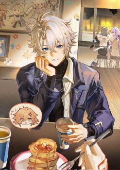 2boys 2girls antenna_hair black_sweater blue_coat castorice_(honkai:_star_rail) castorice_(luckin_coffee)_(honkai:_star_rail) cipher_(honkai:_star_rail) coat cup fire_emblem fire_emblem_cipher food grey_hair grin hair_between_eyes head_rest highres holding holding_cup looking_at_viewer male_focus multiple_boys multiple_girls mydei_(honkai:_star_rail) nintendo official_alternate_costume open_clothes open_coat open_shirt parted_bangs phainon_(honkai:_star_rail) phainon_(luckin_coffee)_(honkai:_star_rail) pov purple_hair qiaose33912 shirt short_hair sitting smile sweater teeth turtleneck turtleneck_sweater white_shirt