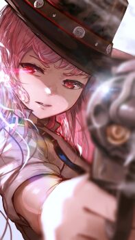 1girl absurdres advarcher black_choker bodice breasts choker cleavage cowboy cowboy_hat cowboy_western cowgirl_(western) gun handgun hat hat_ornament highres hololive hololive_english large_breasts long_hair looking_at_viewer low-cut mori_calliope mori_calliope_(sheriff) official_alternate_costume pink_eyes pink_hair red_eyes revolver sheriff_(western) sheriff_badge shirt skull_choker skull_hat_ornament skull_ornament smile solo virtual_youtuber weapon western white_shirt