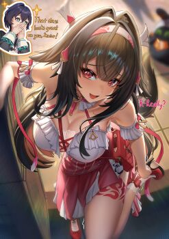 Rule 34 | + +, 2girls, absurdres, adjusting footwear, animal ear fluff, animal ears, arm garter, bare shoulders, belle (delicate sunlight) (zenless zone zero), belle (zenless zone zero), blue hair, blurry, blurry background, breasts, brown hair, cleavage, commentary, covering own mouth, cruzvu, english text, eous (zenless zone zero), fox ears, fox girl, fox tail, from above, hair flaps, hair intakes, hair ornament, hairband, hands up, high heels, highres, large breasts, light blush, looking at viewer, multiple girls, official alternate costume, open mouth, red bag, red eyes, red pupils, red shoes, red skirt, shirt, shoes, shy, side slit, skirt, smile, solo focus, tail, white hairband, white shirt, ye shunguang, zenless zone zero