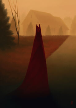absurdres analogous_colors animal bare_tree blank_eyes building cloak commentary dappermouth dark dog english_commentary evening field fog full_body grass haze highres hill horror_(theme) house looking_at_viewer monster narrowed_eyes no_humans original outdoors pine_tree red_cloak red_fur sky standing suburb surreal tree warm_colored yellow_background yellow_eyes yellow_sky