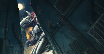 city commentary cyborg digimon digimon_(creature) dinosaur english_commentary franlol full_moon helmet highres horns metalgreymon moon night no_humans outdoors sharp_teeth solo teeth yellow_eyes