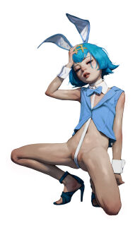 1girl animal_ears blue_eyes blue_hair bottomless crotch_strap cuffs diathorn fake_animal_ears high_heels highres lana_(pokemon) loli looking_at_viewer matching_hair/eyes nintendo pokemon pokemon_sm pussy rabbit_ears realistic source_request tagme