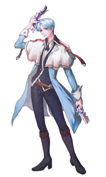 1boy adjusting_hair belt belt_buckle black_cross_tie black_vest blue_coat blue_sleeves brown_belt buckle buttoned_cuffs buttons capelet capelet_belt closed_mouth coat collared_shirt contrapposto cross_tie curtained_hair dress_pants dress_shoes dual_wielding expressionless full_body gun holding inhouhou lanziee_rozen_kranz lapels legs_apart looking_at_viewer male_focus nexon notched_lapels open_clothes open_coat parted_bangs red_belt red_eyes second-party_source shirt short_hair simple_background sleeve_cuffs solo tales_weaver teeth transparent_background undershirt vest weapon white_capelet white_shirt wing_collar