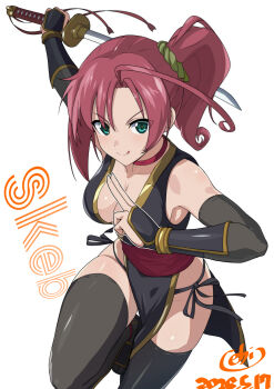 1girl alice_gear_aegis artist_logo bikini bikini_bottom_only black_bikini black_dress black_thighhighs breasts cleavage collarbone commentary_request commission dated dated_commentary dress ebi_(selinanyan) green_eyes highres holding holding_sword holding_weapon kaeruzaka_raiya katana logo looking_at_viewer ninja pelvic_curtain ponytail red_hair red_sash sash side-tie_bikini_bottom simple_background skeb_commission solo swimsuit sword thighhighs weapon white_background