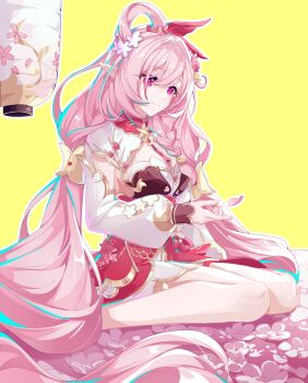 Rule 34 | 1girl, absurdres, braid, breasts, chinese commentary, cleavage, closed mouth, commentary request, diamond-shaped pupils, diamond (shape), dress, elf, elysia (herrscher of human: ego) (honkai impact), elysia (honkai impact), elysia (peachy spring) (honkai impact), falling petals, flower, full body, hair between eyes, hair flower, hair ornament, hair rings, highres, honkai (series), honkai impact 3rd, lantern, large breasts, long hair, long sleeves, low-tied long hair, peach blossom, petals, pink eyes, pink hair, pointy ears, rbai, simple background, single hair ring, sitting, smile, solo, symbol-shaped pupils, very long hair, wariza, yellow background
