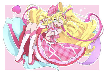Rule 34 | 1girl, blonde hair, blue eyes, boots, border, bow, bow-shaped hair, bow choker, choker, commentary request, crop top, cure idol, detached sleeves, drill hair, earrings, fingerless gloves, footwear ribbon, full body, gloves, hair between eyes, hair ribbon, headset, heart, heart-shaped hair, heart earrings, heart hands, highres, jewelry, kimi to idol precure, knee boots, long hair, looking at viewer, magical girl, midriff, multicolored hair, navel, one eye closed, open mouth, outline, pink background, pink bow, pink choker, pink gloves, pink hair, pink ribbon, pink shirt, pink skirt, plaid ribbon, precure, puffy detached sleeves, puffy sleeves, red ribbon, ribbon, sakura uta (precure), shirako love, shirt, skirt, smile, solo, streaked hair, teeth, twin drills, two-tone hair, upper teeth only, very long hair, white boots, white border, white outline, white sleeves, wrist ribbon