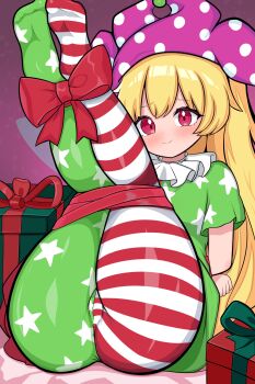 1girl absurdres alternate_color ass blush bound bound_arms bound_legs box cameltoe christmas clownpiece dress full_body gift gift_box gift_wrapping green_dress green_pantyhose highres kukurukurukuru legs_up loli looking_at_viewer no_shoes pantyhose sitting smile solo star_(symbol) star_print striped_clothes striped_pantyhose thighs touhou