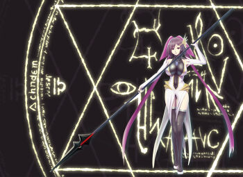 Rule 34 | 1girl, bare shoulders, black thighhighs, breasts, cosplay, detached sleeves, dress, female focus, hair ornament, hair ribbon, hairclip, highres, holding, huge weapon, impossible clothes, impossible dress, jewelry, kagano ai, kagano ai (cosplay), kagano megu, kagano megu (cosplay), kaname junko, large breasts, looking at viewer, magic circle, magical girl, mahou shoujo ai, mahou shoujo ai 2, mahou shoujo madoka magica, mahou shoujo madoka magica (anime), mature female, necklace, pendant, polearm, purple eyes, purple hair, ribbon, shiny clothes, shoes, short hair, skin tight, smile, solo, spear, standing, teresa007, thigh gap, thighhighs, thighs, turtleneck, weapon, wide hips