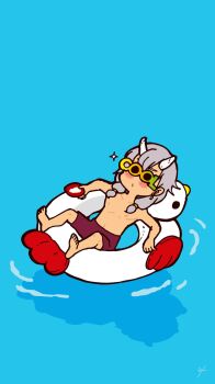 1boy aqua_background bad_id bad_pixiv_id barefoot blush_stickers broken_horns closed_mouth collarbone english_text full_body grey_hair grimms_notes highres inflatable_duck inflatable_toy male_focus misoshiru_umai4 navel nipples red_shorts shorts shuten_douji_(grimms_notes) simple_background solo sparkle sunglasses