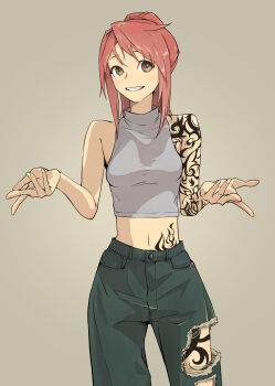 1girl arm_tattoo black_pants breasts commentary_request cowboy_shot crop_top eyelashes fingernails grey_background grey_eyes grey_shirt highres leg_tattoo midriff navel original pants pink_hair shirt shoulder_tattoo simple_background sleeveless sleeveless_shirt smile solo stomach_tattoo suzuya_o tattoo teeth torn_clothes torn_pants