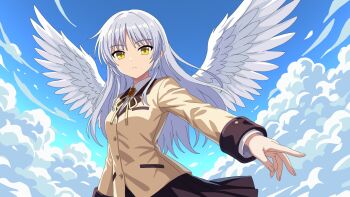 Rule 34 | 1girl, angel, angel beats!, angel wings, black skirt, blue sky, breasts, buttons, closed mouth, cloud, collared shirt, commentary, cowboy shot, day, eyes visible through hair, feathered wings, floating hair, frown, hair between eyes, highres, index finger raised, jacket, long hair, long sleeves, looking at viewer, miniskirt, neck ribbon, outdoors, outstretched arm, pleated skirt, ribbon, school uniform, shirt, skirt, sky, small breasts, solo, split mouth, tachibana kanade, velvet hour, white hair, white shirt, white wings, wings, yellow eyes, yellow jacket, yellow ribbon