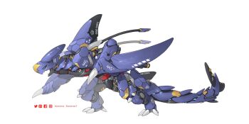 animal_focus aqua_eyes aqua_pupils artist_name blue_pupils commentary english_commentary facebook_logo facebook_username from_side full_body garchomp gen_4_pokemon highres instagram_logo instagram_username mecha mechanization nintendo no_humans open_mouth pixiv_logo pixiv_username pokemon pokemon_(creature) robot simple_background solo twitter_logo twitter_username white_background xezeno