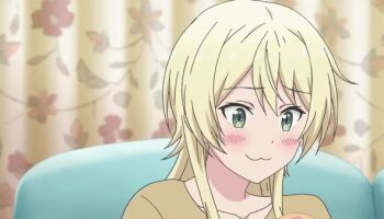 1girl :3 animated animated_gif blonde_hair blush closed_eyes closed_mouth couch curtains dot_nose donut eating female_focus flower food green_eyes holding holding_food indoors kiriyama_nao long_hair long_sleeve_shirt long_sleeves open_mouth sitting solo takunomi. talking tears