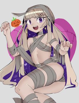 amanogawa_shiina ass blonde_hair breasts jushikuroni multicolored_hair mummy mummy_costume navel phase_connect purple_eyes purple_hair small_breasts stomach wrapping
