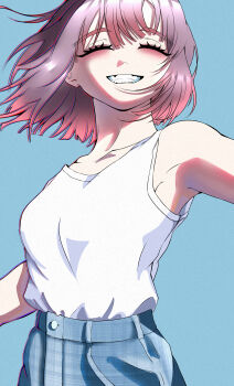 1girl absurdres denim highres jeans non-web_source original pants shirt short_hair simple_background smile teeth white_shirt