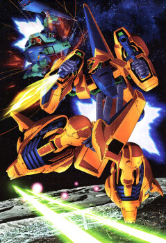 absurdres aeug artist_request battle beam_cannon building city crater damaged energy_beam explosion gaplant glowing gundam highres in_orbit machinery mecha mecha_focus methuss mobile_suit moon nebula no_humans robot science_fiction solar_panel space star_(sky) thrusters titans_(gundam) zero_gravity zeta_gundam