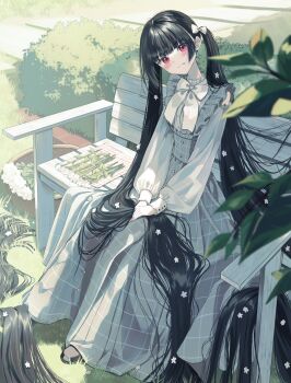 1girl absurdly_long_hair black_hair bow commentary_request dress grass highres long_hair looking_at_viewer original outdoors pentagon_(railgun_ky1206) sitting smile solo twintails very_long_hair