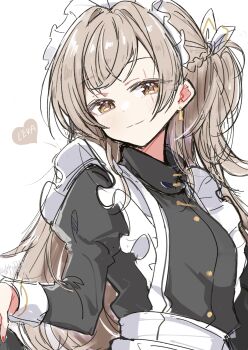 1girl black_dress brown_hair closed_mouth commentary dress girls&#039;_frontline girls&#039;_frontline_2:_exilium highres juliet_sleeves long_hair long_sleeves looking_at_viewer maid maid_headdress nail_polish one_side_up puffy_sleeves red_nails simple_background solo ump45_(girls&#039;_frontline) upper_body white_background zhong_xiansheng