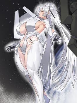 1girl absurdres armpit_cutout black_background blurry blurry_foreground bodysuit breasts cameltoe cinderella_(nikke) cleavage_cutout clothing_cutout depth_of_field fighting_stance floating floating_object floating_weapon from_side gamjasssak gloves goddess_of_victory:_nikke hair_ornament halftone highres large_breasts long_hair looking_ahead navel_cutout red_eyes see-through_clothes see-through_skirt shiny_clothes sideboob skirt solo thigh_cutout twintails two-sided_gloves very_long_hair white_bodysuit white_gloves white_hair