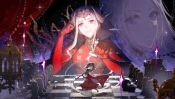 Rule 34 | 1girl, armor, artist request, axe, aymr (fire emblem), battle axe, bishop (chess), blonde hair, board game, cape, chess, chess piece, chessboard, closed mouth, collared cape, commentary, commission, double bun, dress, dual persona, edelgard von hresvelg, edelgard von hresvelg (timeskip), english commentary, fake horns, fire emblem, fire emblem: three houses, full body, glint, hair bun, hair up, hand on own head, head tilt, headpiece, highres, holding, holding axe, holding chess piece, holding weapon, horns, king (chess), knight (chess), light smile, long hair, looking at viewer, looking to the side, nintendo, parted bangs, pawn (chess), pink lips, purple eyes, queen (chess), red armor, red cape, red dress, rook (chess), second-party source, shade, sparkle, upper body, weapon