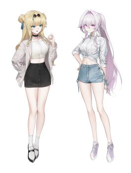 2girls absurdres alternate_costume baiser3rd black_choker black_shoes black_shorts blonde_hair blue_eyes breasts choker denim denim_shorts eyewear_on_head full_body hair_intakes high-waist_shorts highres honkai_(series) honkai_impact_3rd jacket jewelry large_breasts long_hair midriff multiple_girls navel necklace purple_eyes purple_shoes round_eyewear shirt shoes shorts simple_background smile socks songque sunglasses thelema_nutriscu white_background white_hair white_jacket white_shirt white_socks