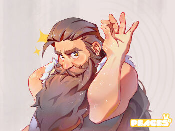 1boy beard beard_over_mouth brown_hair dungeon_meshi dwarf facial_hair fake_horns helmet highres horned_helmet horns long_beard long_hair looking_at_viewer male_focus mature_male meme peaces salt salt_bae_(meme) senshi_(dungeon_meshi) solo sparkle sprinkling star-shaped_pupils star_(symbol) symbol-shaped_pupils upper_body very_long_beard