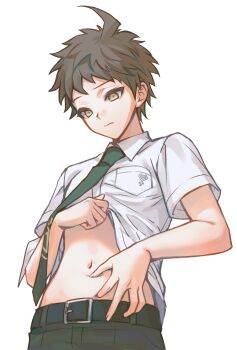 1boy belt black_belt black_pants breast_pocket brown_hair chinese_commentary closed_mouth clothes_lift collared_shirt commentary_request cowboy_shot cyacyacyacyaki danganronpa_(series) danganronpa_2:_goodbye_despair green_necktie hand_on_own_stomach highres hinata_hajime lifting_own_clothes male_focus navel necktie pants pocket shirt shirt_lift short_bangs short_hair short_sleeves simple_background solo tsurime variant_set white_background white_shirt yellow_eyes