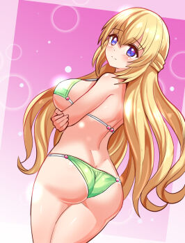 1girl ass ass_focus bare_shoulders bikini blonde_hair blue_eyes blush breasts butt_crack choujigen_game_neptune compile_heart cougar_(cougar1404) from_behind half_updo idea_factory large_breasts long_hair looking_at_viewer neptune_(series) sideboob smile solo swimsuit vert_(neptunia) very_long_hair wedgie