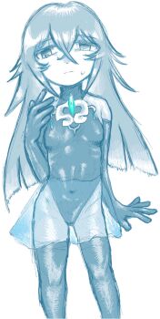 1girl alternate_costume bad_id bad_twitter_id closed_mouth elbow_gloves gloves grimms_notes hand_up highres leotard long_hair magic_mirror_(grimms_notes) monochrome nextiscallbackn simple_background solo standing sweatdrop thighhighs white_background