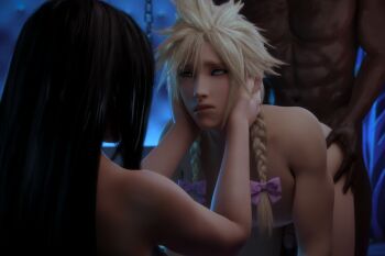 1girl 2boys 3d abs absurdres anal black_hair blender_(medium) blonde_hair blue_eyes bow braid cloud_strife crossdressing dark-skinned_male dark_skin erection final_fantasy final_fantasy_vii final_fantasy_vii_remake hair_bow hair_ornament highres interracial long_hair male_penetrated multiple_boys muscular muscular_male navel nipples nude penis qyti sex spiked_hair square_enix tifa_lockhart trap twin_braids uncensored wall_market yaoi