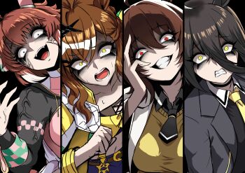Rule 34 | 4girls, absurdres, agnes tachyon (tach-nology) (umamusume), agnes tachyon (umamusume), ahoge, anger vein, animal ears, black coat, black hoodie, black necktie, black shirt, black tube top, braid, breasts, brown hair, clenched teeth, coat, collared shirt, commentary request, constricted pupils, contrast collar, dantsu flame (center spotlight) (umamusume), dantsu flame (umamusume), dot pupils, ear covers, furrowed brow, hair between eyes, hair ornament, hairclip, half up half down braid, hand on own face, hand up, head tilt, highres, hood, hoodie, horse ears, horse girl, jacket, jungle pocket (champion's battle cry) (umamusume), jungle pocket (umamusume), long hair between eyes, long sleeves, looking at viewer, manhattan cafe (creeping shadow) (umamusume), manhattan cafe (umamusume), medium breasts, medium hair, multicolored hair, multiple girls, nagai negi, navel, necktie, open clothes, open jacket, parted lips, pink hoodie, red eyes, shaded face, shirt, short necktie, smile, split screen, strapless, sweat, sweater, teeth, thick eyebrows, tube top, two-tone hoodie, umamusume, veins, veiny arms, white hair, yandere, yellow eyes, yellow jacket, yellow necktie, yellow sweater